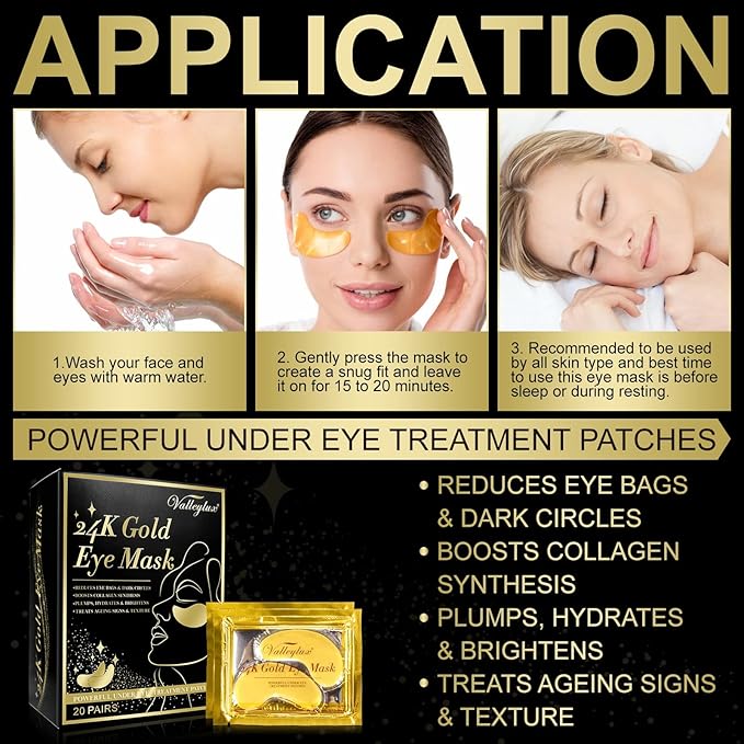 Under Eye Mask,20 pairs 24K Collagen Eye Pads,Under Eye Patches Skincare for Anti Aging,Anti Wrinkle,Reducing Eye Puffiness,Dark Circles-Velvo Beauty