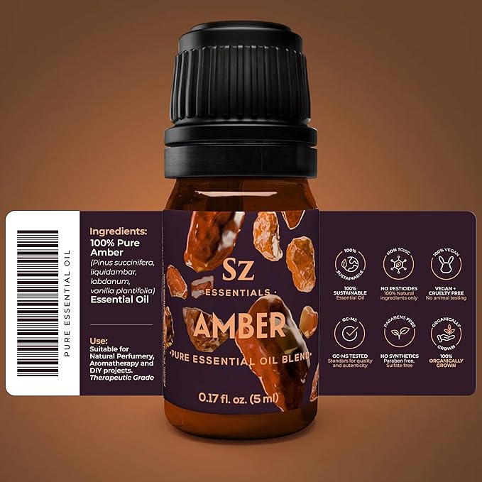 Amber 100% Pure, Essential Undiluted Oil - Extracted from Amber Resin - Rich & Floral Scent, with Smoky Overtones - Therapeutic Grade & Vegan - 0.17oz (5ml)-Velvo Beauty