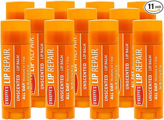 O'Keeffe's Unscented Lip Repair Lip Balm for Dry, Cracked Lips, Stick, (Pack of 11)-Velvo Beauty