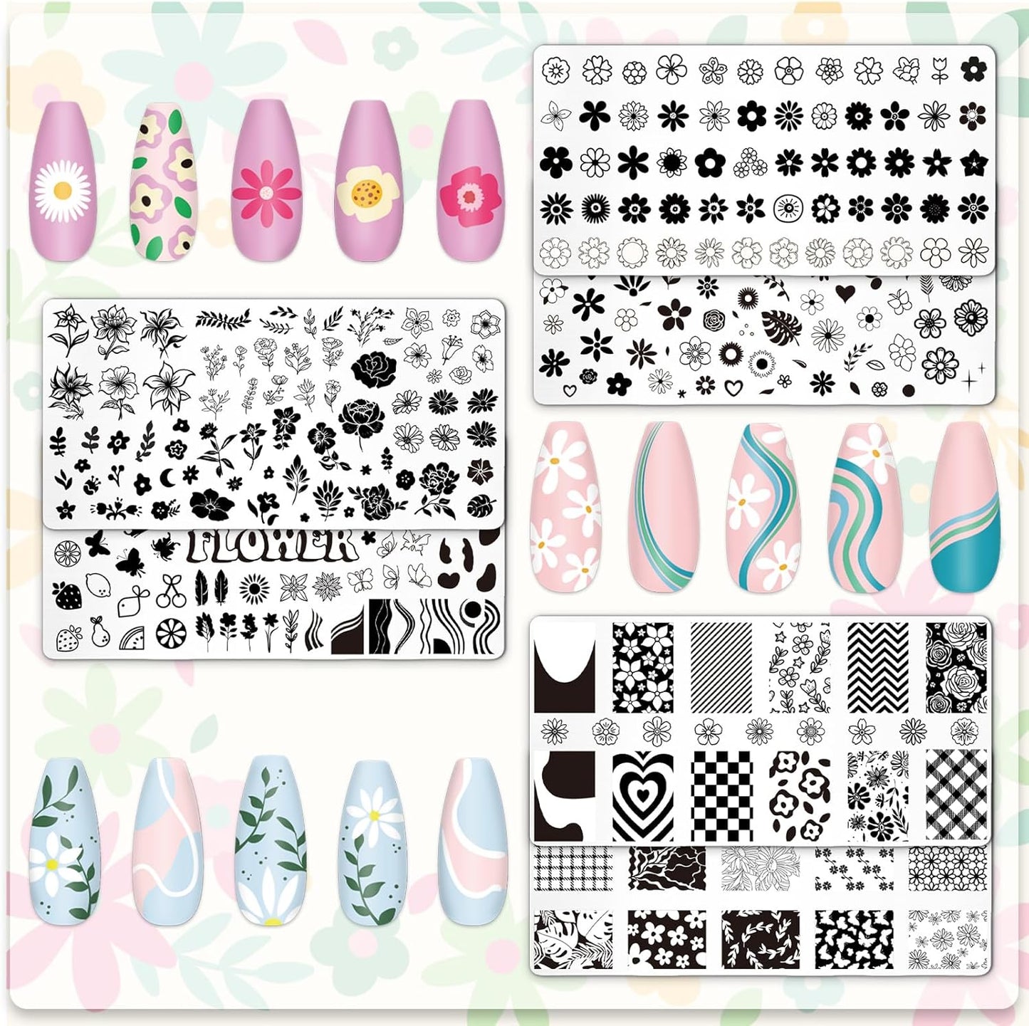 Whaline 6Pcs Simple Floral Nail Plates Stamping Set Flower Leaves Stamp Templates Nail Art Plates for DIY Print Manicure Salon Design Gift-Velvo Beauty