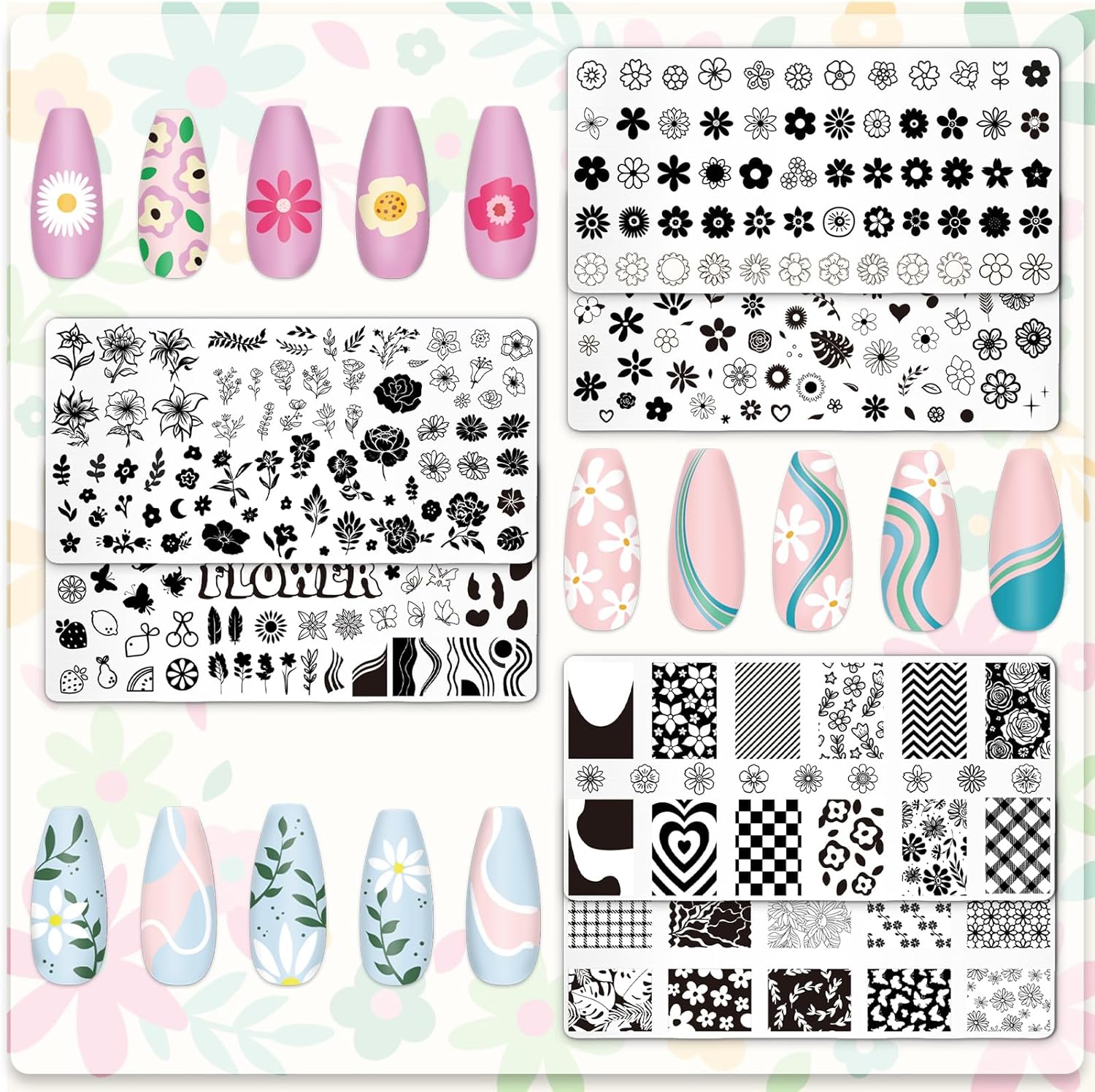 Whaline 6Pcs Simple Floral Nail Plates Stamping Set Flower Leaves Stamp Templates Nail Art Plates for DIY Print Manicure Salon Design Gift-Velvo Beauty