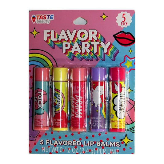 Taste Beauty (1) 5pc set Lip Balm Sticks - Flavor Party wit Unicorn, Rainbow, & More - Flavors: Strawberry, Passion Fruit, Cherry, Raspberry, Mystery - 0.12 oz each-Velvo Beauty