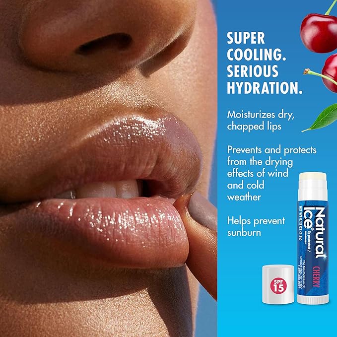 Mentholatum Natural Ice Cherry Flavor Medicated Lip Balm, Hydrating Lip Care for Dry, Chapped Lips, Moisturizing Formula with SPF 15 Helps Prevent Sunburn, Protection for Smooth, Soft Lips 48 Count-Velvo Beauty