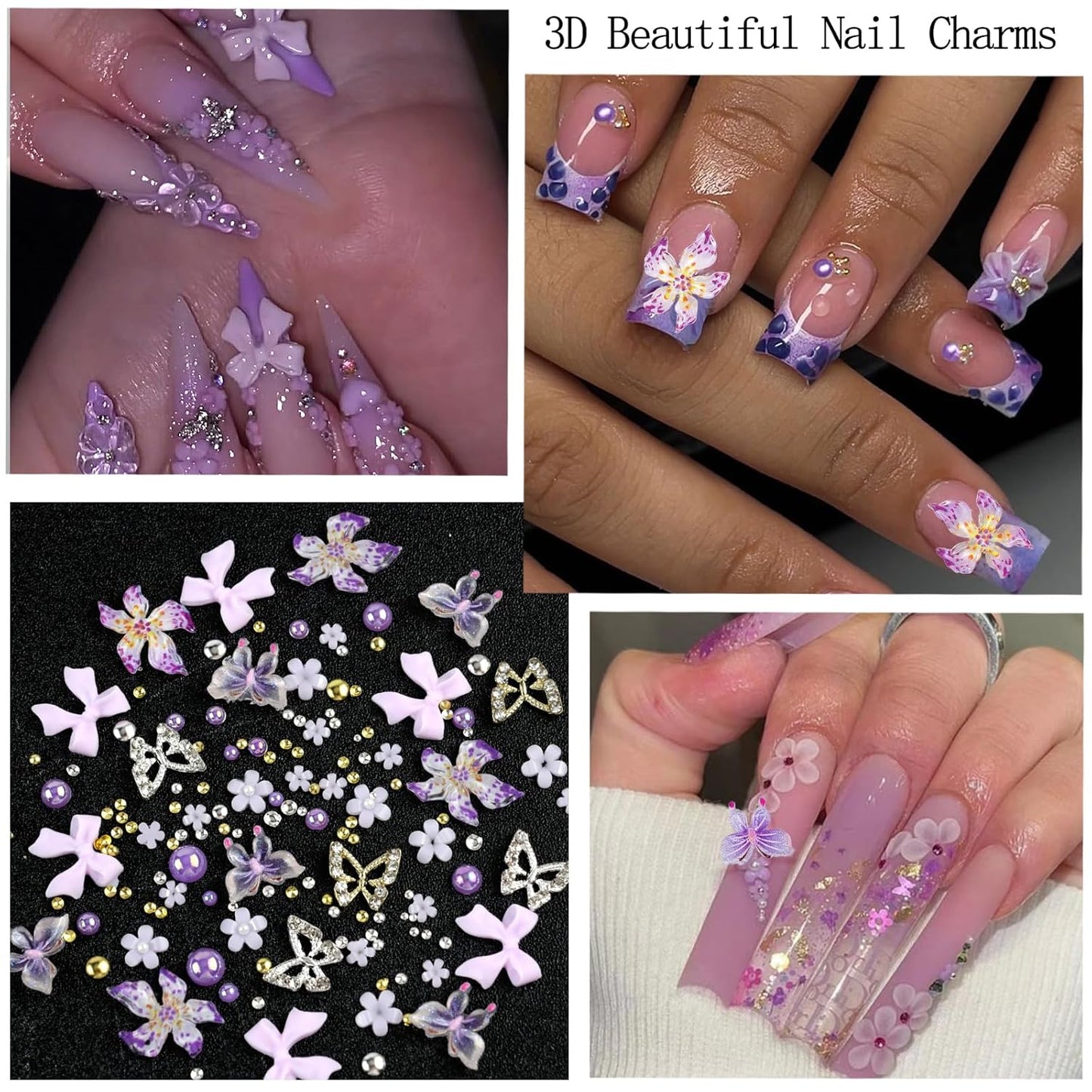 Nail Art Charms with Rhinestones Glue Gel Purple Flatback Pearls Flower Butterfly Nail Gems Supplies Accessories Gold Silver Nails Pearls for Women Nails Design Decoration-Velvo Beauty