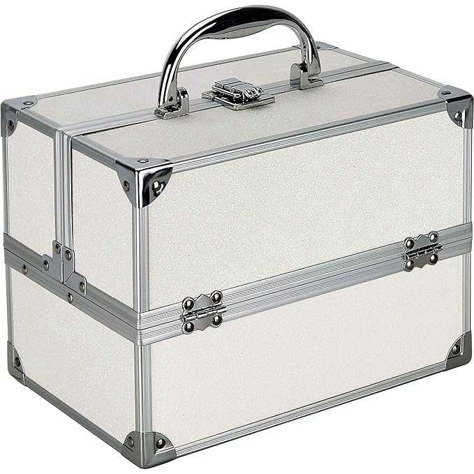 55pcs Makeup Gift Set Kit Train Case With Extendable Trays (eyeshadow, Blushes, Lipstick & More) - Vmk1304, White Glitter-Velvo Beauty