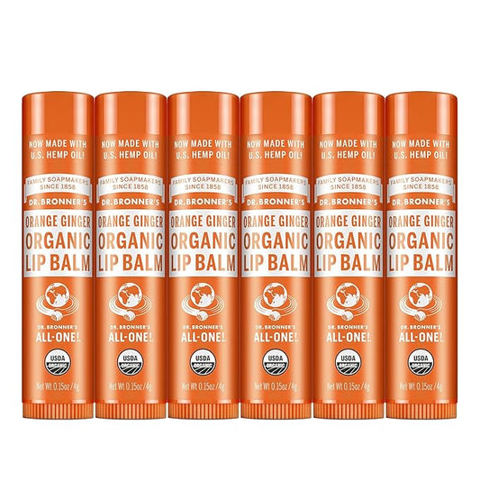 Dr. Bronner’s Organic Lip Balm 6-Pack (.15oz) Natural, Moisturizing, Petroleum-Free Lip Balm with Beeswax & Avocado Oil for Dry Lips, Men & Women - Orange Ginger-Velvo Beauty