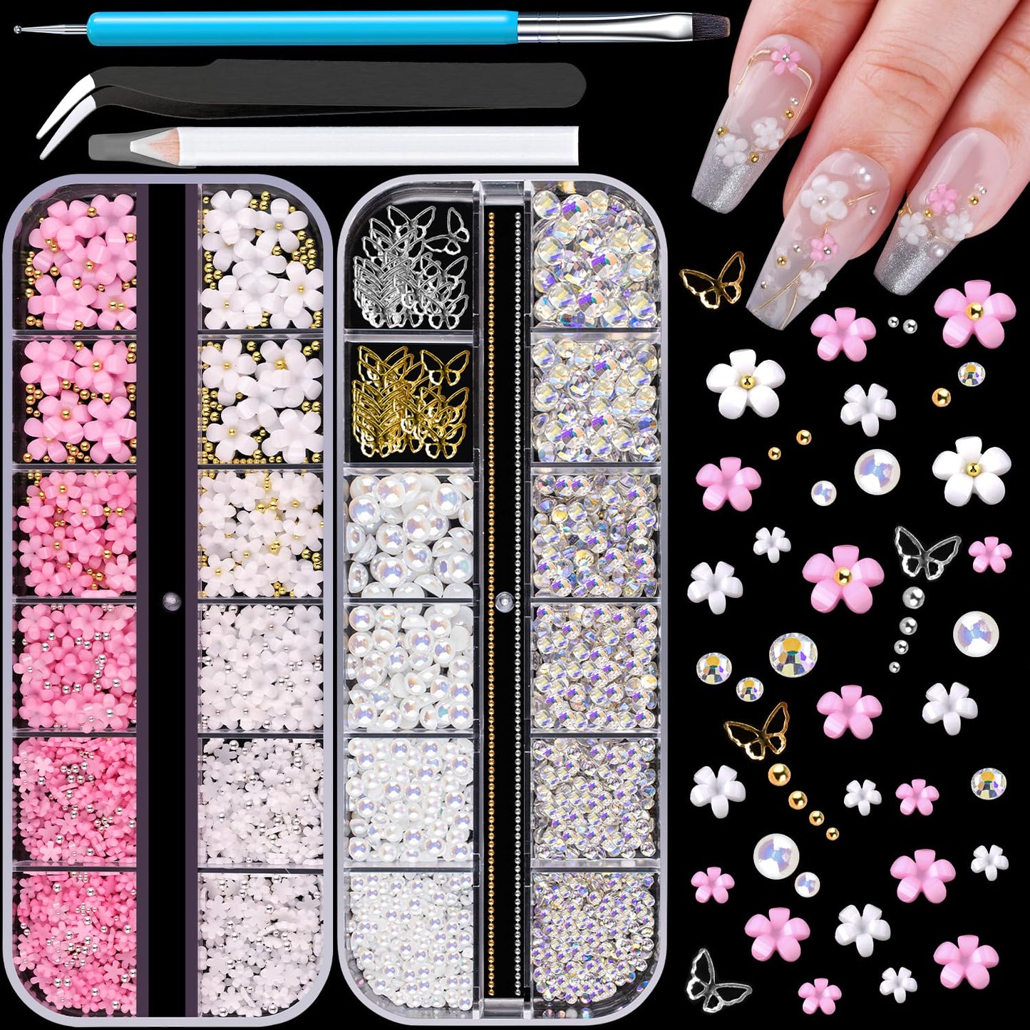 3D Nail Charms, Butterfly White Pink Flower Starry AB Gemstones Caviar Beads Half Round Pearl, Flat Back Glass Crystal AB + Transparent Clear Round Rhinestones for Nails with Pickup & Dotting Tools-Velvo Beauty