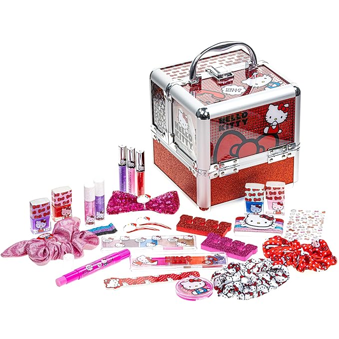 Hello Kitty - Townley Girl Train Case Cosmetic Makeup Set Includes Lip Gloss, Eye Shimmer, Nail Polish, Hair Accessories & More! For Girls, Ages 3+ Perfect for Parties & Makeovers-Velvo Beauty
