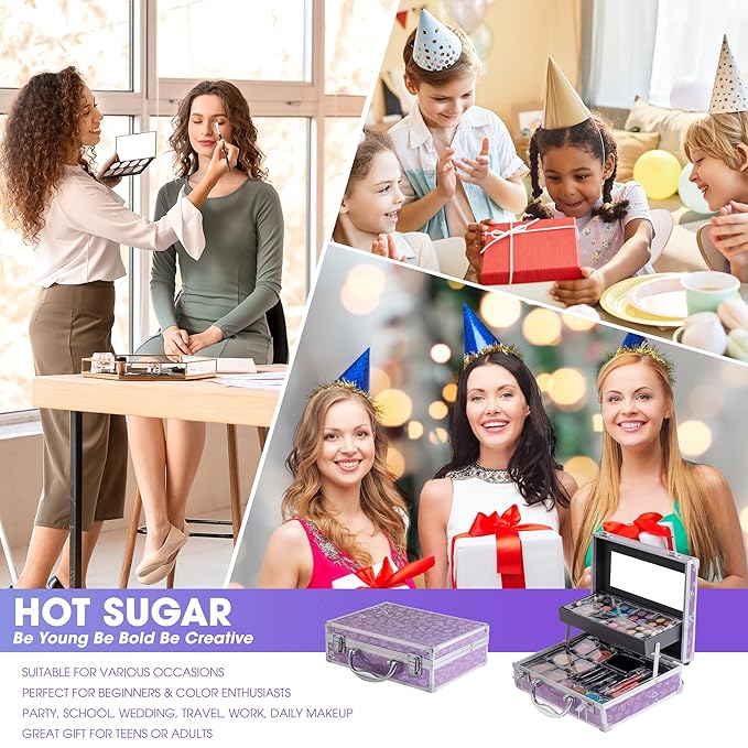 Hot Sugar Ultimate All-in-One Makeup Kit for Teen Girls, Basic Makeup Gift Set for Women - Create Stunning Looks with 52 Shades and Accessories (Purple Love)-Velvo Beauty