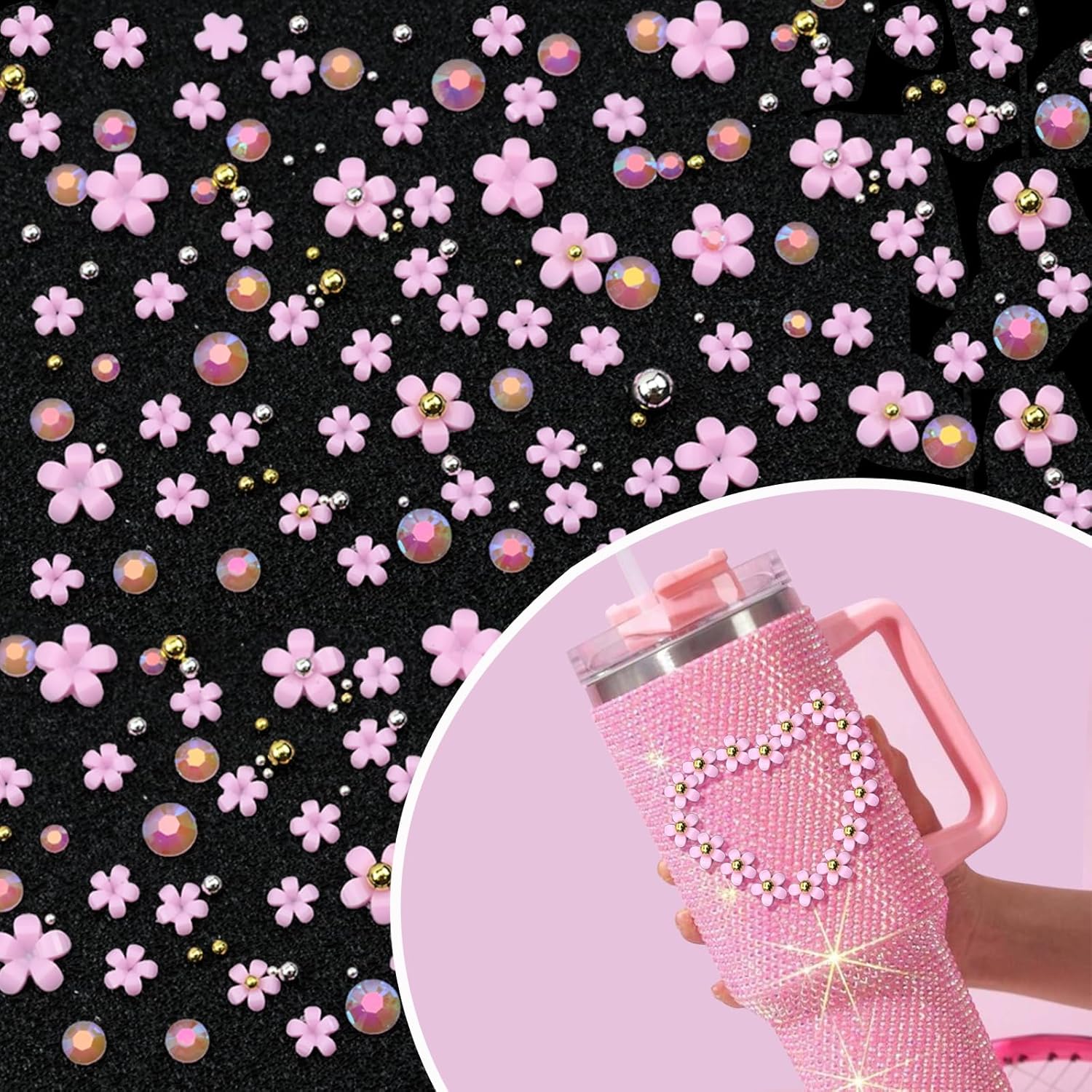 Flatback Nail Art Rhinestones Flower Nail Charms with AB Rhinestones Glue Gel Pink Nail Supplies Accessories Gems Resin Rhinestones for Bedazzling Crafting & Women Nails Design Decor-Velvo Beauty