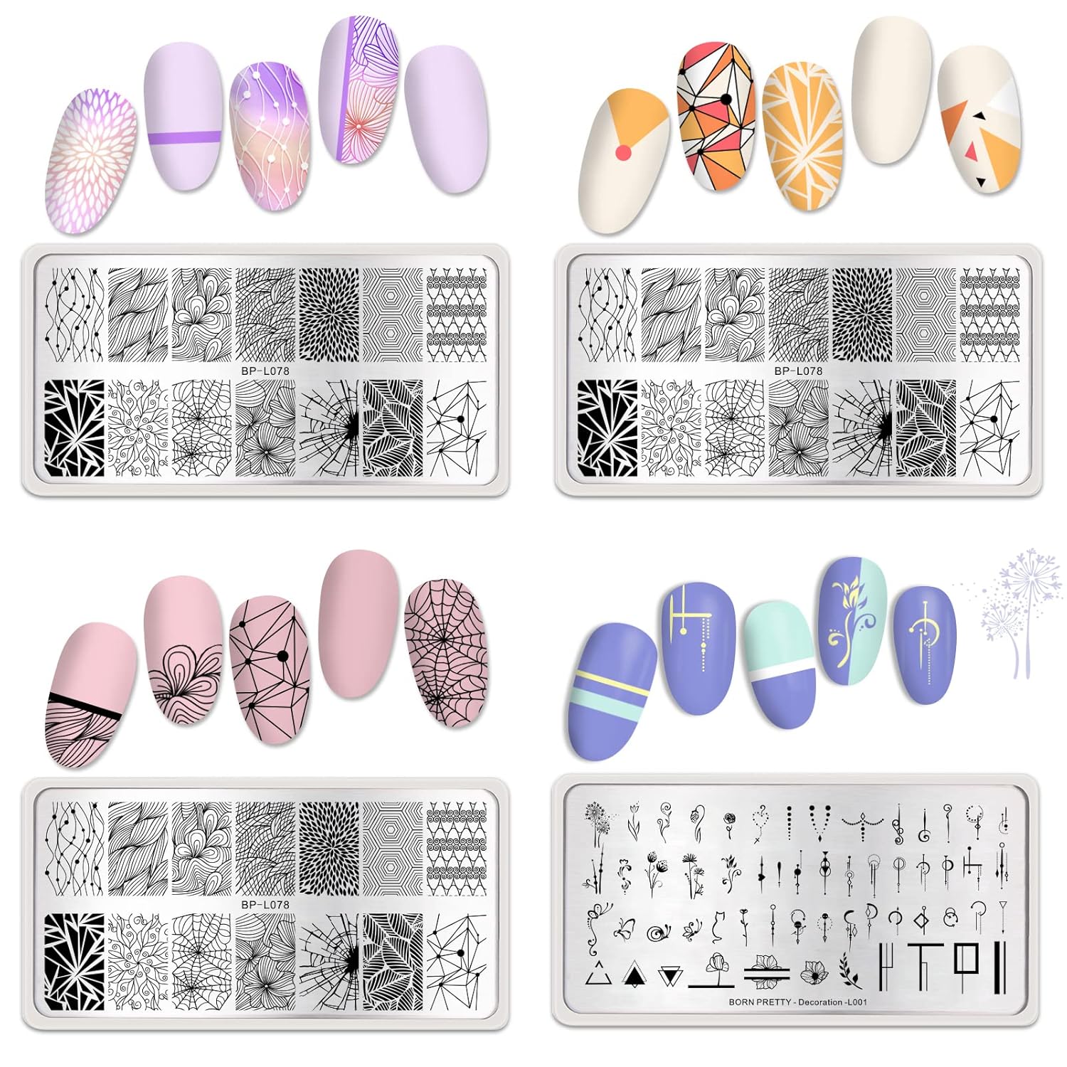 Born Pretty Nail Stamping Plates Set Plaid Flowers Leaves Lace Nail Art Image Plates Spring into Winter Stamp Templates Kit Image Manicuring DIY Printing Tools 8PCS-Velvo Beauty