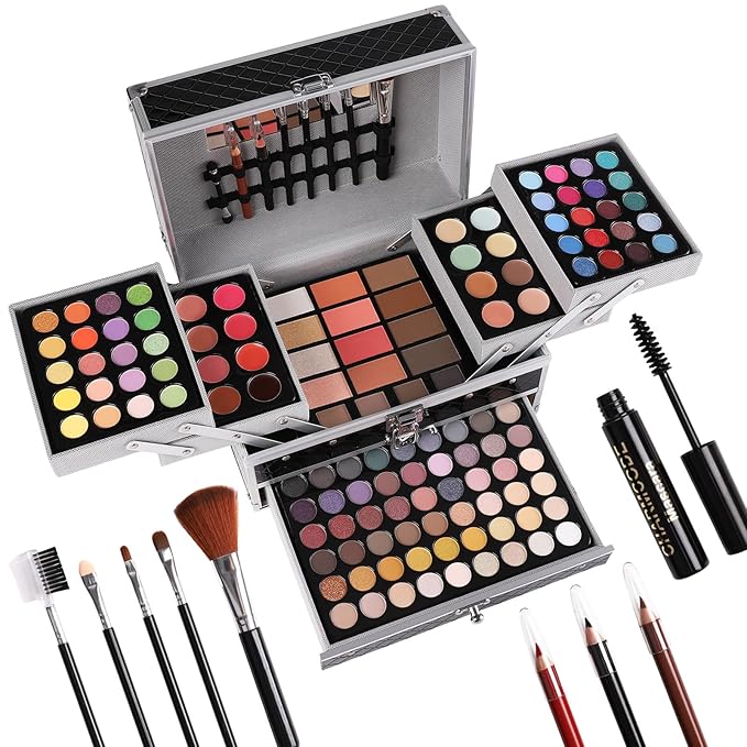 All in One Makeup Gift Set for Women Girls Full Kit, Includes Eyeshadow, Lipstick, Concealer, Highlighter, Eyebrow Powder, Blush, Contour, Lip Liners, Eyeliner, Brushes (Black)-Velvo Beauty