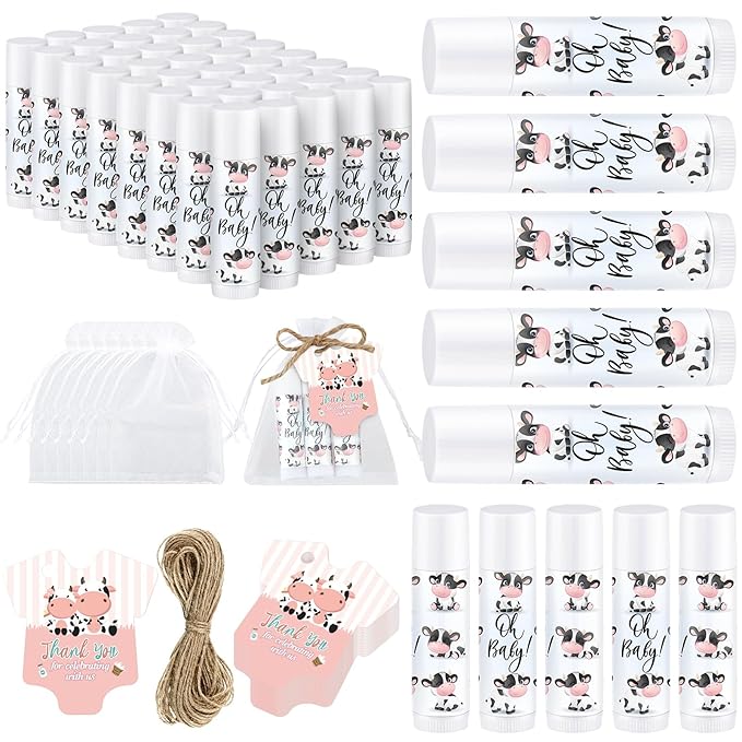 Demissle 50 Pcs Baby Shower Lip Balm Gift Set with 100 Pcs Organza Bags Baby Shower Party Favor for Guest Thank You Tag Rope Baby Shower Party Decoration Gender Reveal Souvenirs(Cow)-Velvo Beauty