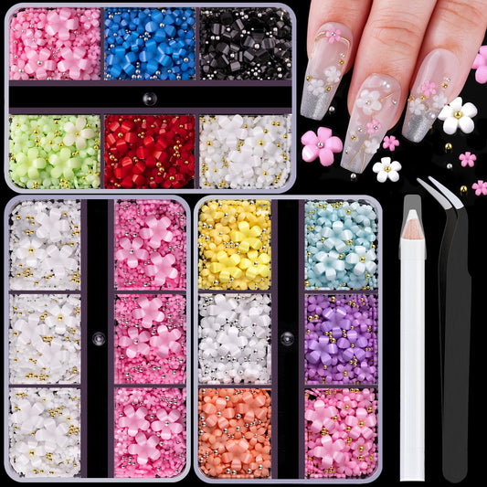 3D Flowers for Nails, Colorful Acrylic Flower Nail Charms with Caviar Beads, Rhinestones for Nails 3D Nail Charms for Acrylic Nails with Pickup & Dotting Tools for Manicure DIY Nail Art Decor-Velvo Beauty