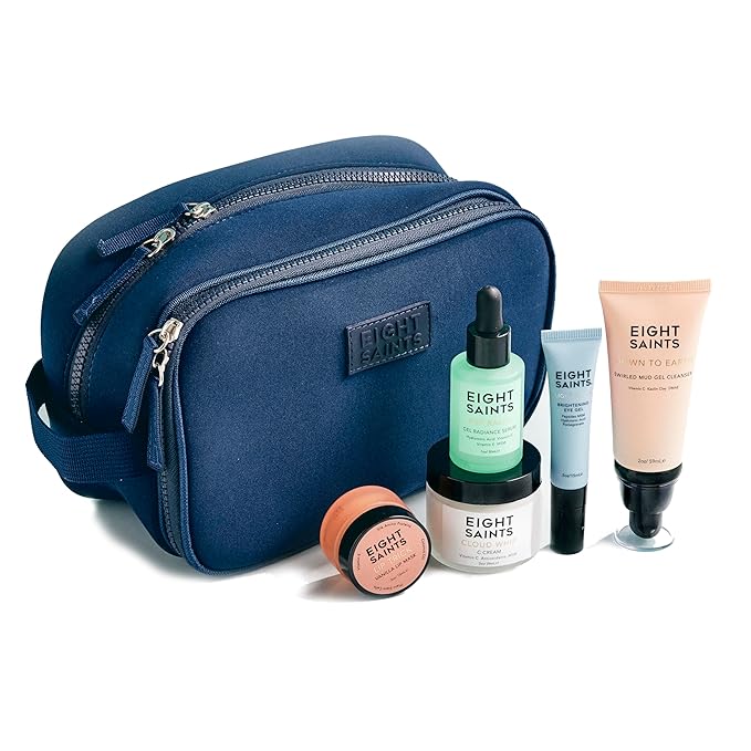 Eight Saints Date Night Skincare Prep Gift Set, All Natural & Organic, Gift Set Includes Eye Gel, Hyaluronic Acid Serm, Mud Face Cleanser, Vitamin C Cream, Lip Mask, and Neoprene Travel Bag, 6 Pc Set-Velvo Beauty