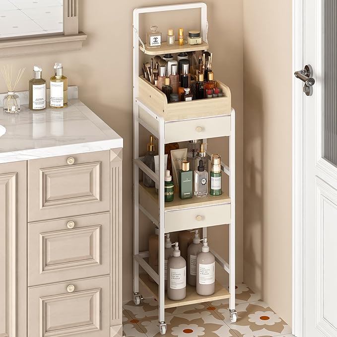 Wisdom Star Makeup Organizer Cart with 2 Drawers, Floor Skincare Organizers, Makeup Storage, Vanity Organizer, Cosmetics Display, Versatile Skin care Perfume Nail Polish Storage Rack for Bathroom-Velvo Beauty