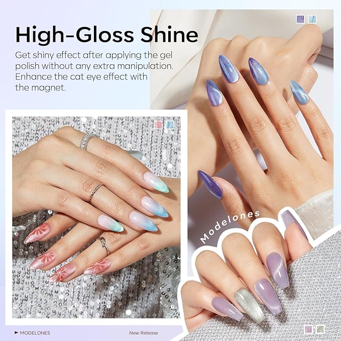 modelones Cat Eye Gel Nail Polish 6 Colors Red Green Silver Purple Blue Glitter Cat Eye Gel Polish Holographic 9D Semi-transparent With Magnet Soak Off Led Nail Art DIY Salon Gifts For Women Girl-Velvo Beauty