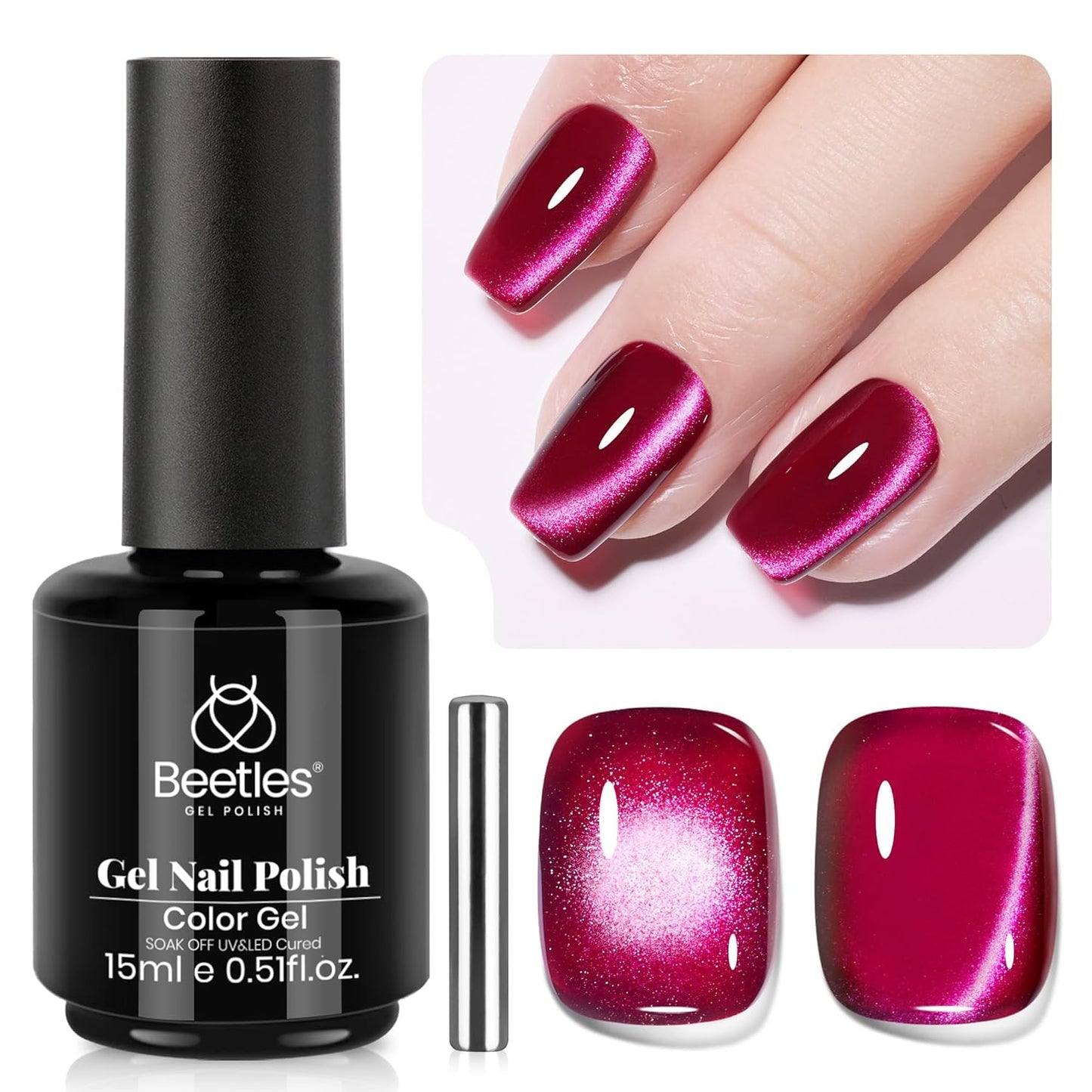 Beetles Red Cat Eye Gel Nail Polish - 15ML Cherry Red Glass Cat Eye Magnetic Glitter Gel Polish with Pink Powder Sheer Gel Soak Off UV Cherry Shimmer Collection Nail Art Design Manicure Gift for Women-Velvo Beauty