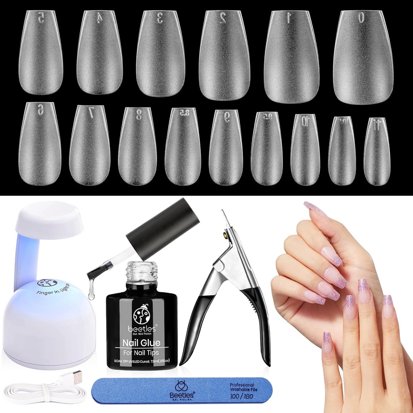 Beetles Gel Polish Nail Extension Kit,240 Pcs Pre Shaped Short Coffin Nail Tips Full Matte Gelly Tips&5 in 1 Nail Glue Base Coat Innovative Uv Led Lamp for DIY Easy Home Manicure Gift-Velvo Beauty
