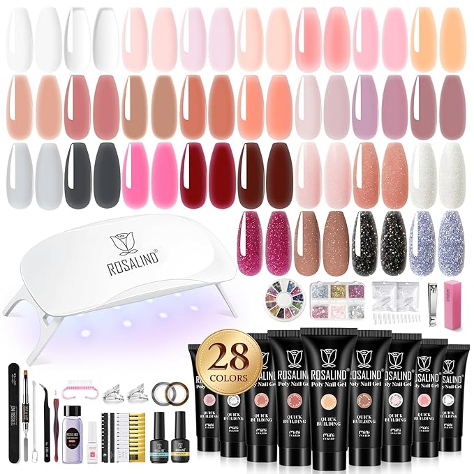 ROSALIND 28 Colors Poly Nail Gel Kit with Mini U V/LED Lamp White Nude Poly Nails Gel Kit Starter Kits With Slip Solution Pink Extensions Set for Nail Manicure Beginner-Velvo Beauty