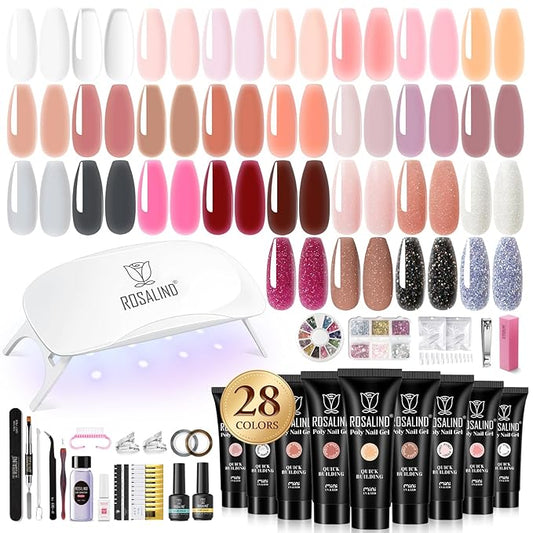 ROSALIND 28 Colors Poly Nail Gel Kit with Mini U V/LED Lamp White Nude Poly Nails Gel Kit Starter Kits With Slip Solution Pink Extensions Set for Nail Manicure Beginner-Velvo Beauty