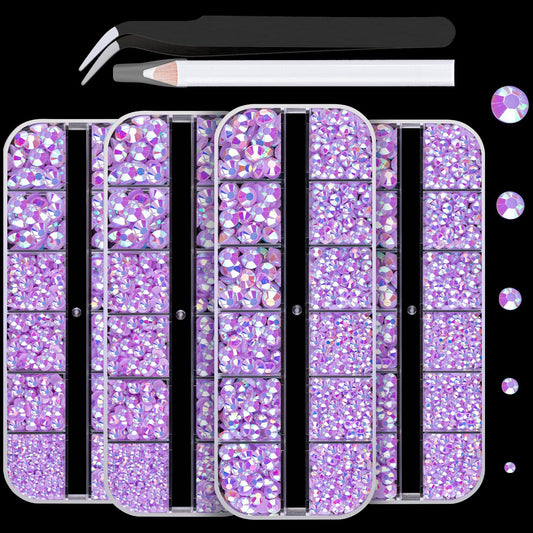 7000PCS Resin Rhinestones with Tweezers for Crafting, 2/3/4/5/6mm Flatback Jelly Rhinestones, 4 Box Lavender Purple AB Non Hotfix Crystal Gems for DIY Crafts Mugs Tumblers Clothes Makeup Nail-Velvo Beauty