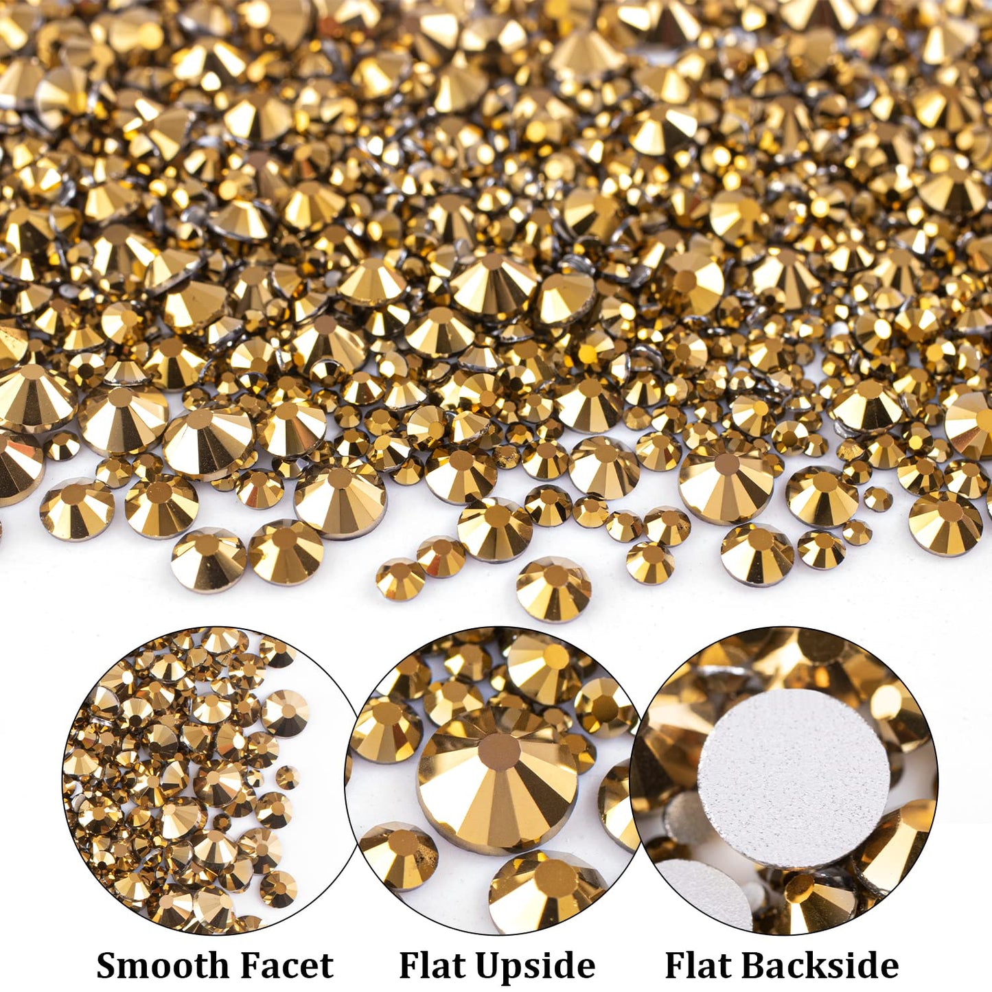 One Pack 2000 Pcs of Flatback Round Mineral Gold Rhinestones 6 Sizes (1.5-6 mm) with Nail Art Rhinestone Picker Pencil and Tweezers for DIY and Salon Use-Velvo Beauty