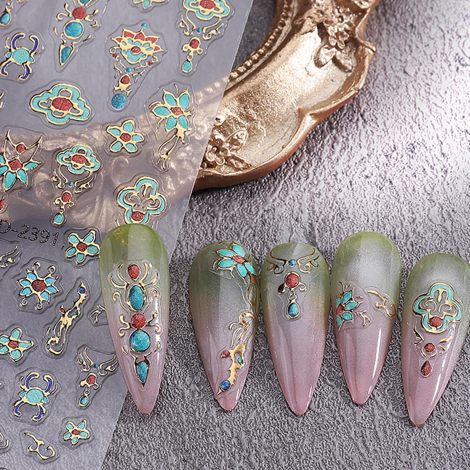 5 Sheets Bohemian Style Nails Art Stickers 3D Self-Adhesive Relief Nails Stickers Stars Moon Sun Golden Butterfly Flower Nail Decal Supplies Women's DIY Bohemian Nail Art Decoration-Velvo Beauty