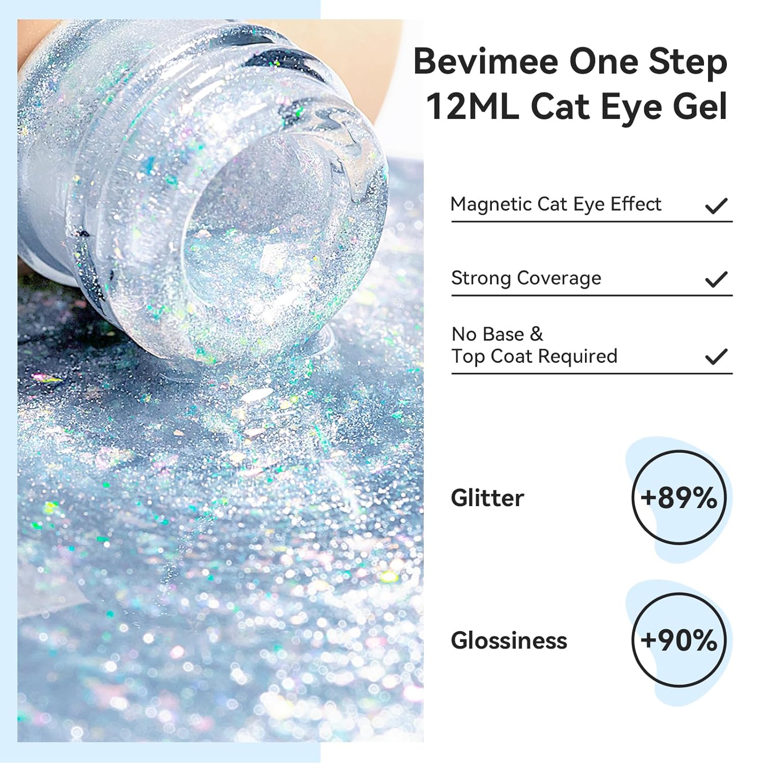 Cat Eye Gel Nail Polish 12ML, 3 In 1 Step Holographic Cateye Gel Polish With Magnet, Silver Glitter Magnetic Crystal Ice Shimmer Soak Off UV/LED Nail Art Design-Velvo Beauty