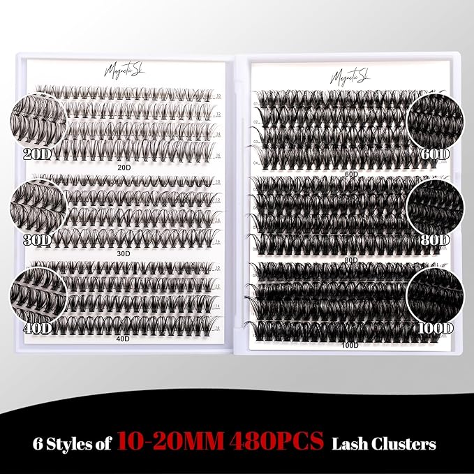 Lash Clusters 480 Clusters D Curl 10-20mm False Eyelash 60D 80D 100D Thick Eyelash Extension 20D 30D 40D Individual Eyelashes Multi-Style DIY Lash Extensions for Beginners(20D-100D-D, 10-20MIX)-Velvo Beauty