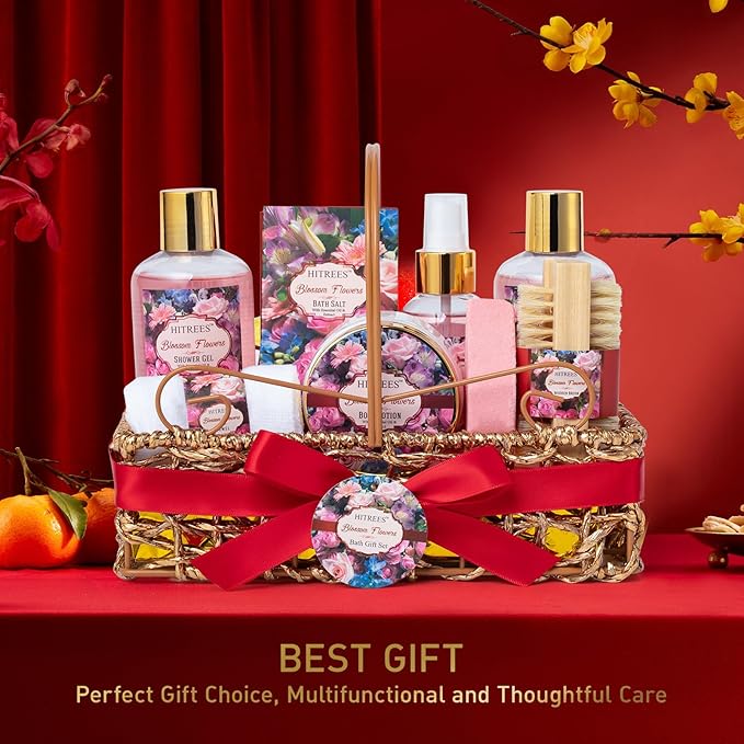 Spa Gift Basket for Women, ROSE & JASMINE Friendship Gifts Women, Tote Bag, Shower Gel, Hand & Body Cream, Hitrees Bath Gift Set for Her, Mom, Mothers Day-Velvo Beauty