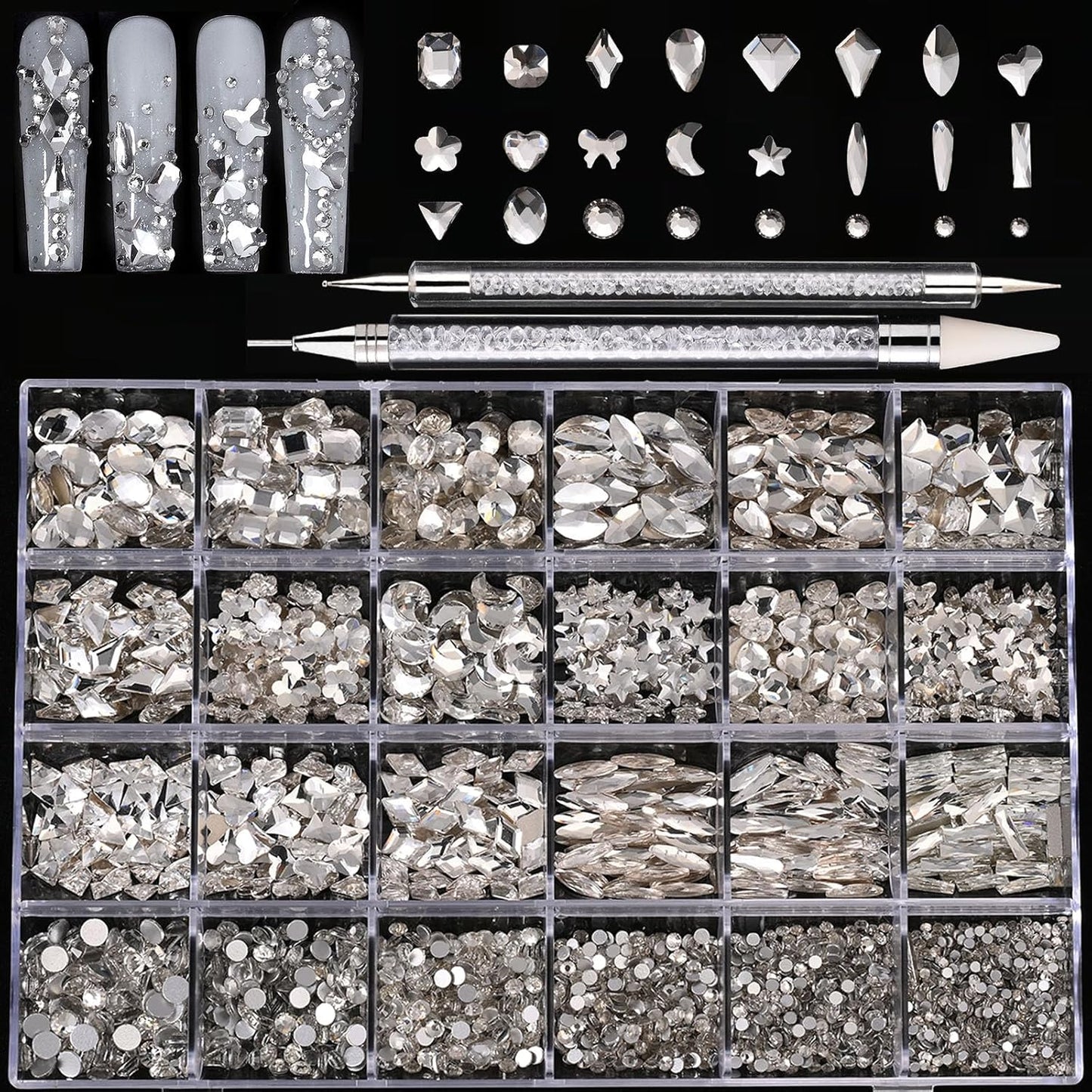 18 Types of 900 Special-Shaped Diamonds + 3200 Flat-Bottomed Nail Rhinestones, Clear Nail Crystal Gems Stone DIY Crafts for Shoes, Clothes, Jewels-Velvo Beauty