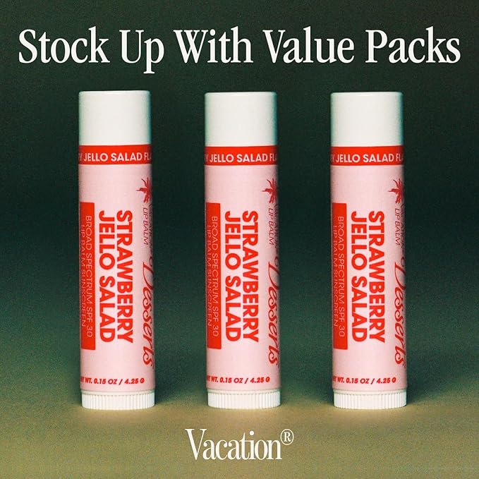 Vacation Strawberry Jello Salad SPF 30 Sunscreen Lip Balm 3-Pack, Lip Balm Made Without Beeswax, Lip Balm with Sunscreen, Lip Balm SPF Set, Lip Sunscreen, Water Resistant, Vegan (Pack of 3)-Velvo Beauty