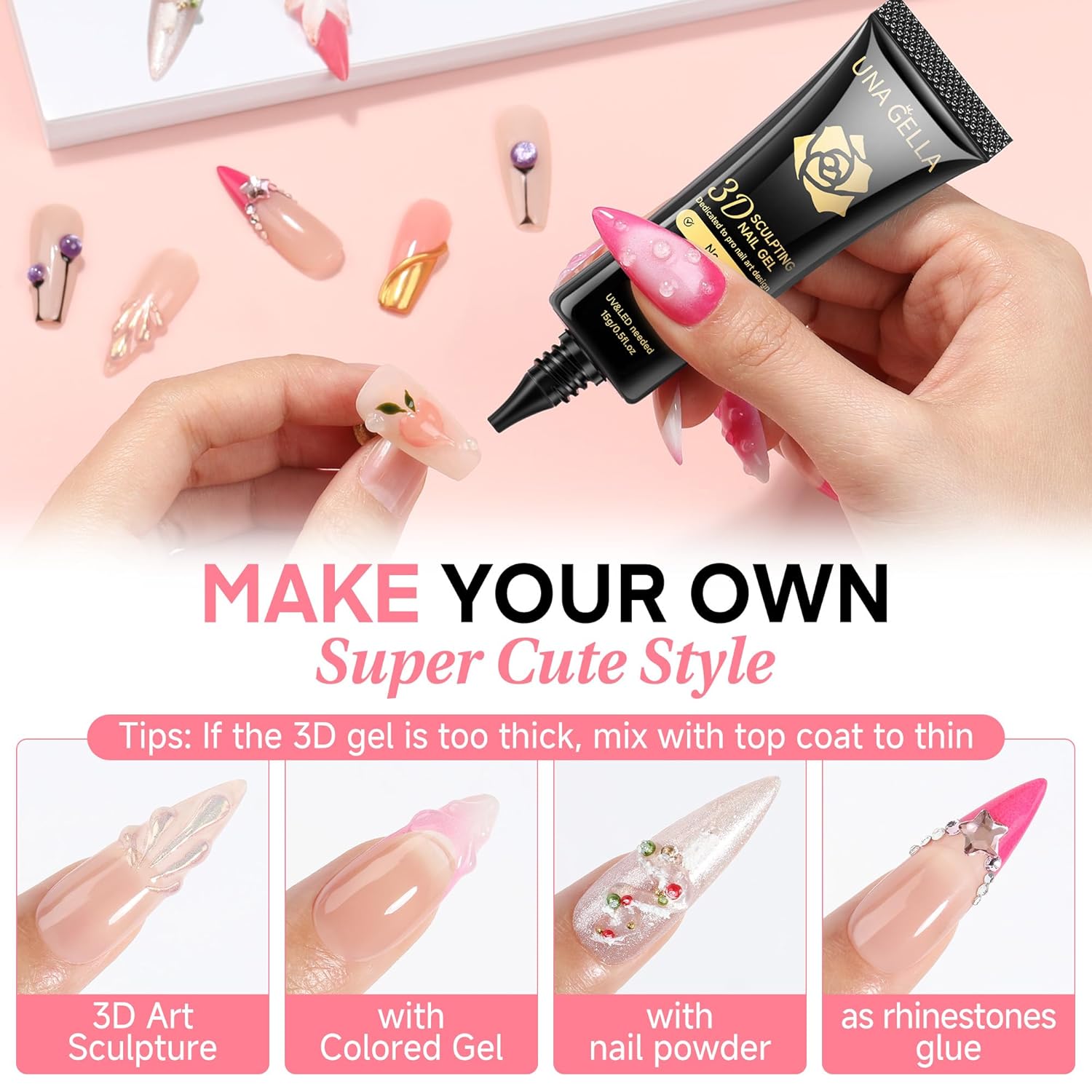 UNA GELLA 3D Gel Nail Art, 3D Nail Gel Sculpting G el Glue 15g 4 in 1 No Wipe Clear Nail Polish for Nails Tips, Chrome Powder, Nail Charms Gems, Drawing, Molding and DIY Nail Art Lamp Curing Needed-Velvo Beauty