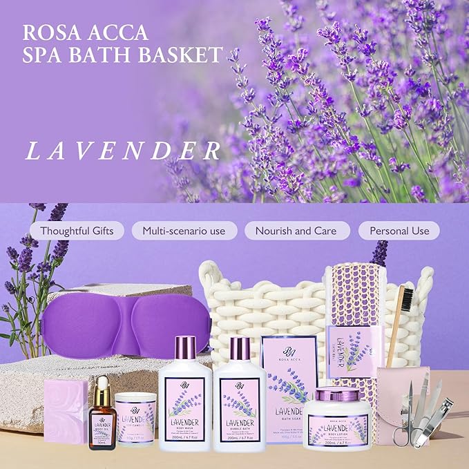 Bath and Body Gift For Women and Men - Lavender Home Spa Gift Set,Mug,Shower Gel,Bubble Bath,Lotion,Bath Bombs,Eye Mask,Manucure Set, Bath Belt, Body Oil,Bath Soak,Lip Balm,Soy Candle For Daily Use-Velvo Beauty