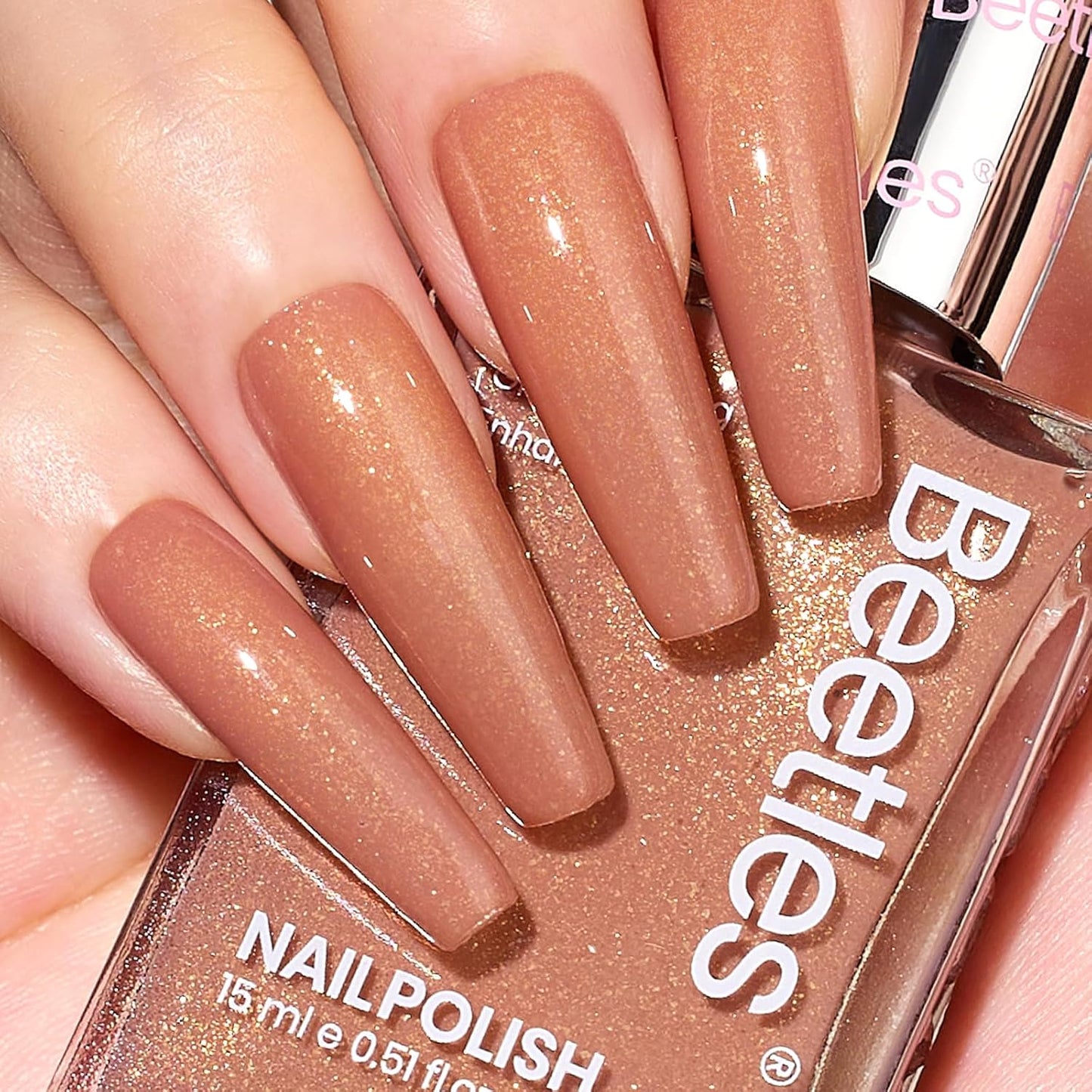 Beetles Glitter Brown Nail Polish –No UV Needed, Air Dry–Rosy Gold Shimmer Nude Rose Nail Lacquer–Fast Drying,Long Lasting,Salon-Quality Polish At-Home DIY-Velvo Beauty