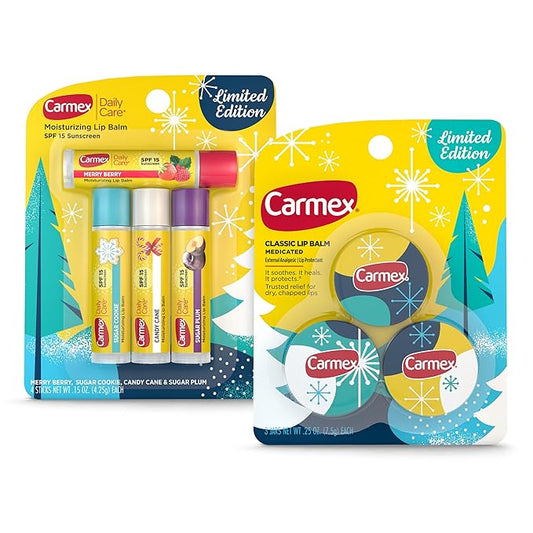 Carmex Lip Balm Limited Edition Holiday Packs: Carmex Daily Care Sticks, 4 count (1 pack), Carmex Medicated Jars, 3 Count (1 pack)-Velvo Beauty