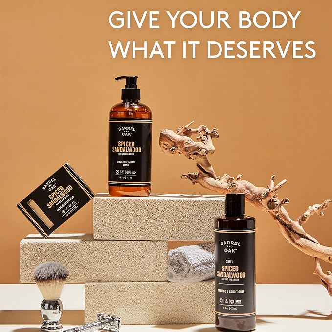 Barrel and Oak - Spiced Sandalwood Body Care Set, Fragrant Sea Salt & Amber Scent, Rich in Essential Oils, Hydrating Formulas, Rich Texture, No Parabens or Phthalates, Certified Organic (3-Pack Set)-Velvo Beauty