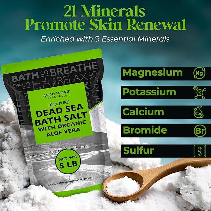 Aromasong Dead Sea Salt with Organic Aloe Vera, Spa Bath Salts, 5 Lbs Fine Bulk resealable Pack, 100% Pure & Natural, Soak for Women & Men for Tired Muscles & Skin Issues (Packaging May Vary)-Velvo Beauty