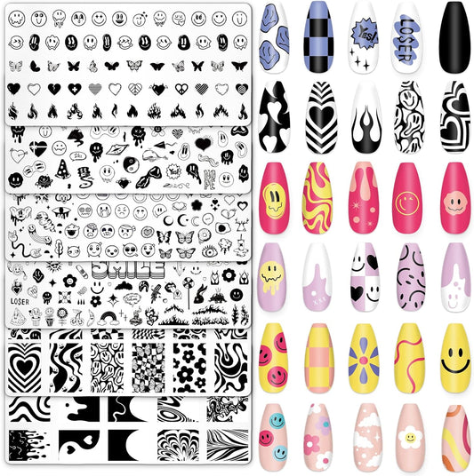 Whaline 6Pcs Smile Face Nail Plates Stamping Set Heart Butterfly Star Flower Smiling Stamp Templates Groovy Nail Art Plates for DIY Print Manicure Salon Design Gift Supplies-Velvo Beauty