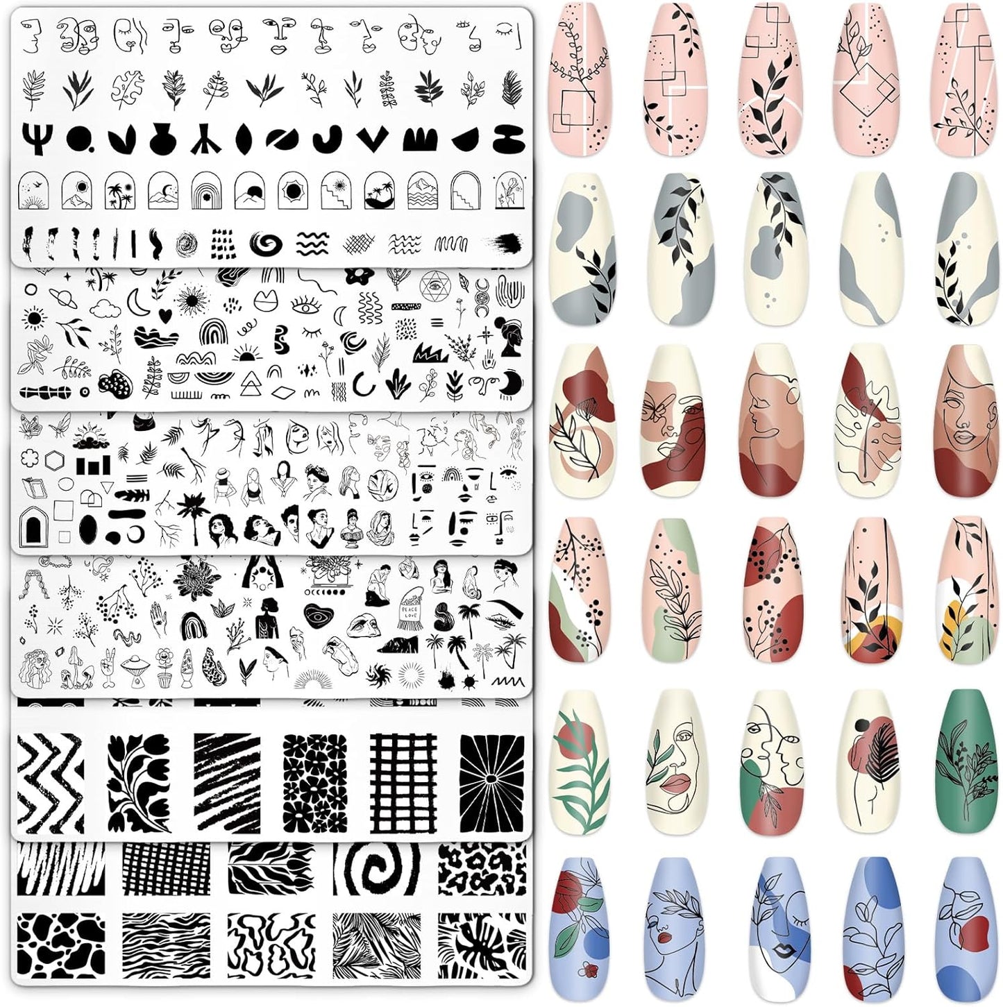 Whaline 6Pcs Abstract Lady Face Nail Plates Stamping Set Boho Plant Stamp Templates Nail Art Plates for DIY Print Manicure Salon Design Gift Supplies-Velvo Beauty