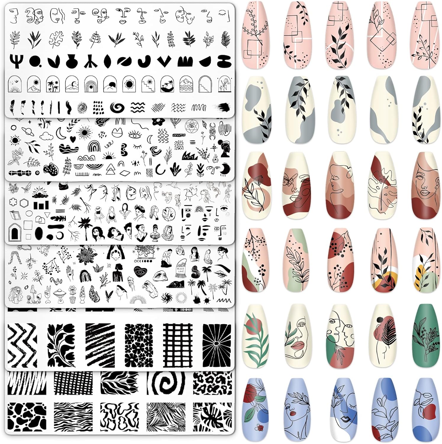 Whaline 6Pcs Abstract Lady Face Nail Plates Stamping Set Boho Plant Stamp Templates Nail Art Plates for DIY Print Manicure Salon Design Gift Supplies-Velvo Beauty