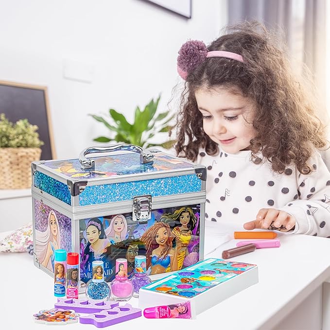 Little Mermaid Train Case Beauty Set, Kids Makeup Kit for Girls, Real Washable Toy Makeup Set, Play Makeup, Pretend Play, Party Favor, Birthday, Toys Ages 3 4 5 6 7 8 9 10 11 12-Velvo Beauty