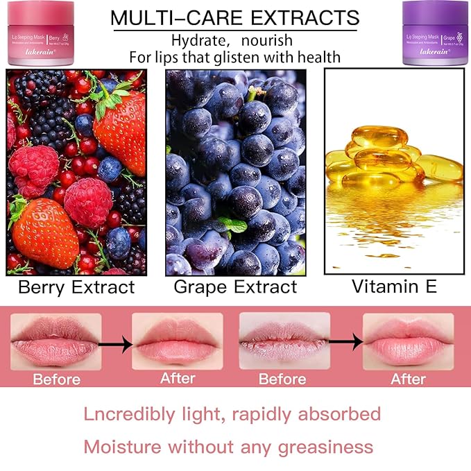 2PCS Lip Sleeping Mask, Lip Mask Overnight, Moisture & Lip Plumper Lip Wrinkles, Repair Lip Balm Prevention Dry and Cracked Lip Scrubs Exfoliato Smoothing Dry Lip Mask (Berry + Grape)-Velvo Beauty