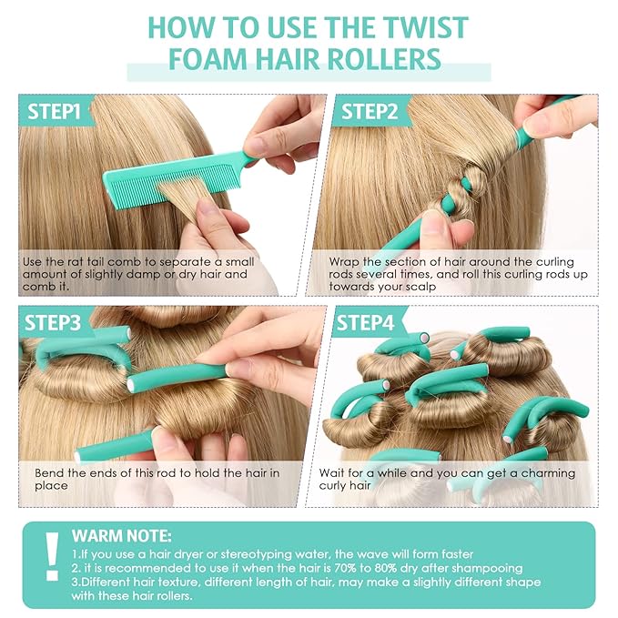Syhood 30 Pcs 7'' Flexible Curling Rods Twist Foam Hair Rollers Soft Foam No Heat Hair Rods Rollers and 1 Steel Pintail Comb Rat Tail Comb for Women Long Short Hair(Lake Green,7 x 0.3 Inch)-Velvo Beauty