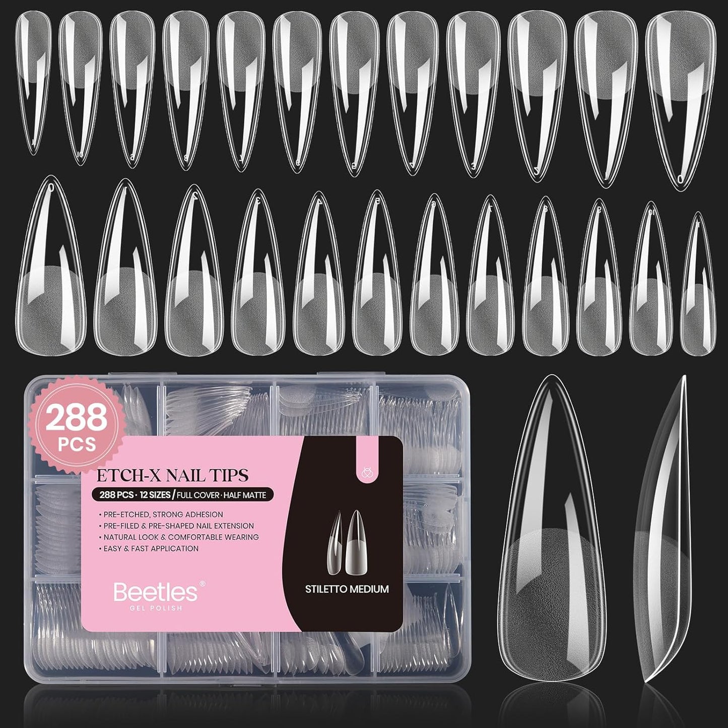 Beetles Gel Nail Tips Etch-X, Stiletto Medium, 288Pcs 12 Sizes, Pre-Etched Half Matte Full Cover Soft Acrylic False Nail Tips Pre-Shaped Easy DIY Fall Halloween Nail Extension Salon Gift for Women-Velvo Beauty
