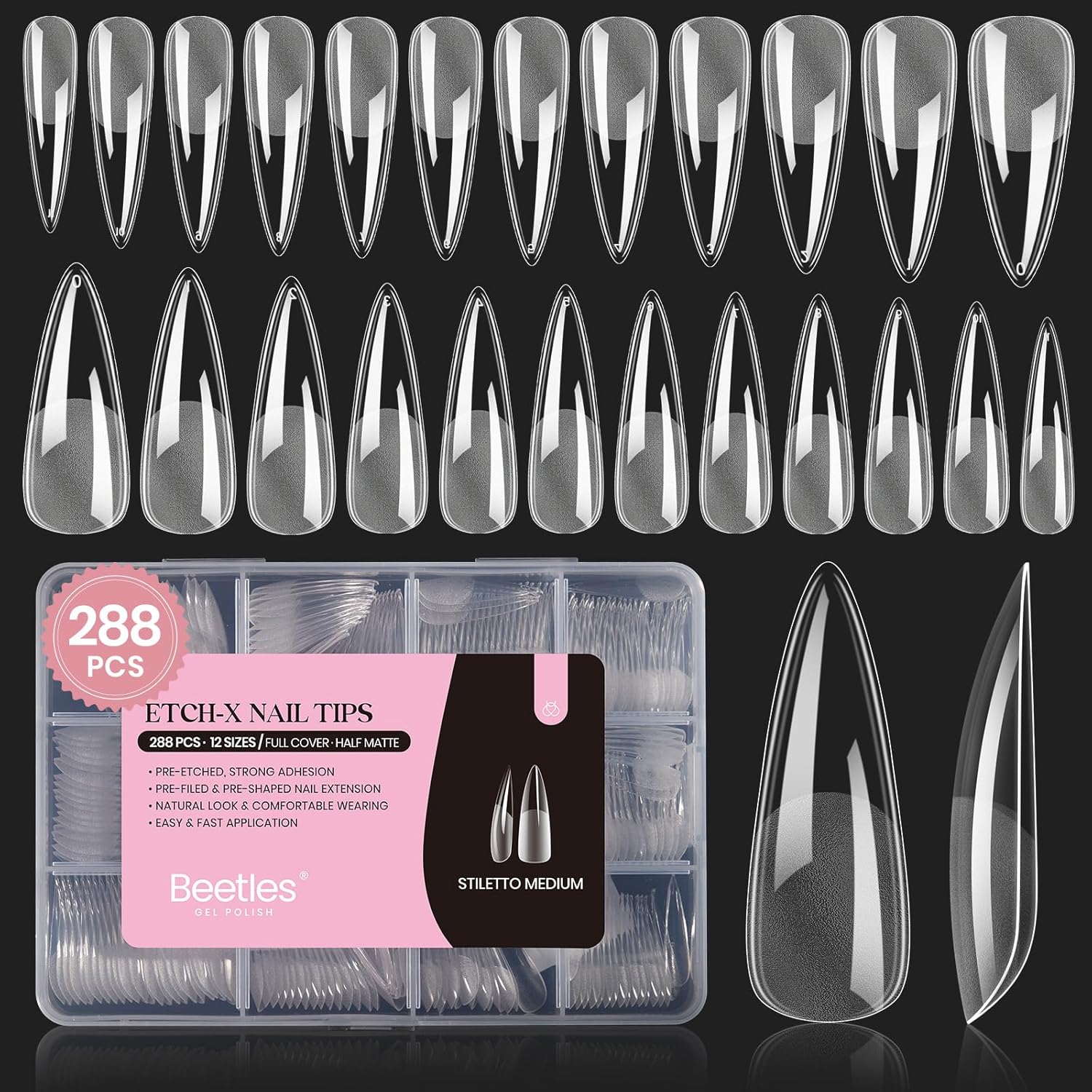Beetles Gel Nail Tips Etch-X, Stiletto Medium, 288Pcs 12 Sizes, Pre-Etched Half Matte Full Cover Soft Acrylic False Nail Tips Pre-Shaped Easy DIY Fall Halloween Nail Extension Salon Gift for Women-Velvo Beauty
