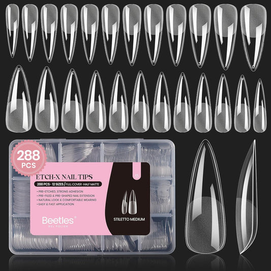 Beetles Gel Nail Tips Etch-X, Stiletto Medium, 288Pcs 12 Sizes, Pre-Etched Half Matte Full Cover Soft Acrylic False Nail Tips Pre-Shaped Easy DIY Fall Halloween Nail Extension Salon Gift for Women-Velvo Beauty