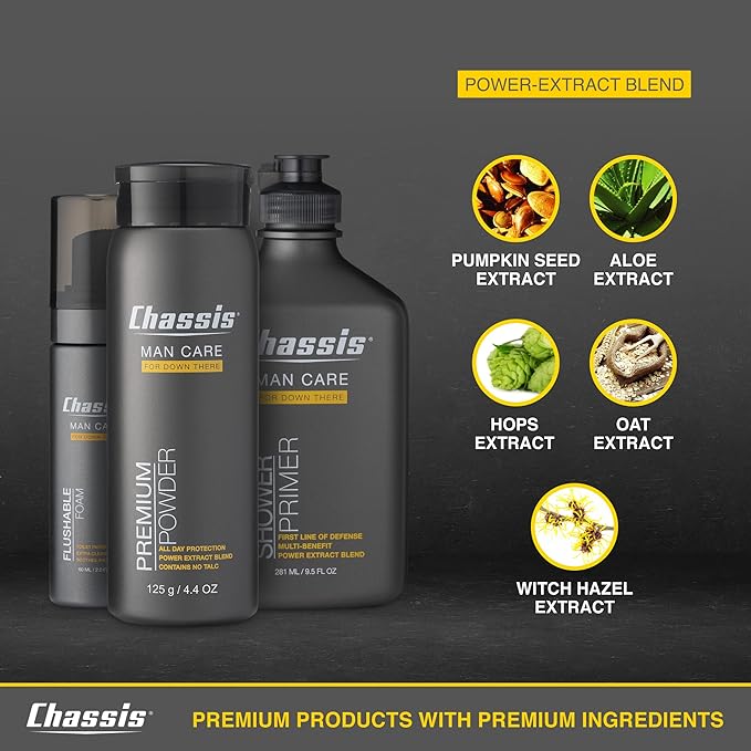 Chassis Gift Set with Flushable Foam, Premium Body Powder, and Shower Primer, Body Powder, Body Wash, and Flushable Wipe Alternative-Velvo Beauty