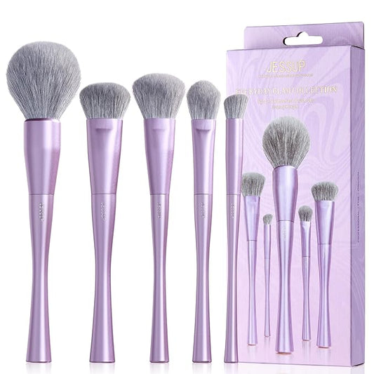 Jessup Makeup Brushes Face 5pcs, Premium Synthetic Make Up Brushes Set for Foundation Contour Blush Highlighter and Powder, Luxury Purple T514-Velvo Beauty